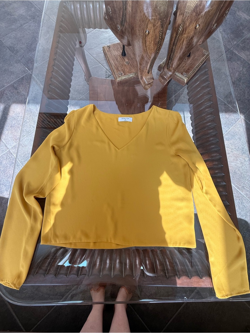 Babaton Mustard Yellow Long Sleeve V Neck Top XS Chic Minimalist Blouse - Picture 10 of 10